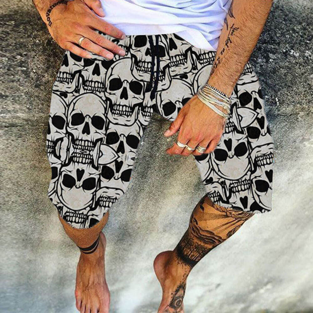 Wholesale M-4XL Men Fashion Skull Heads Printing Drawstring Waist Shorts