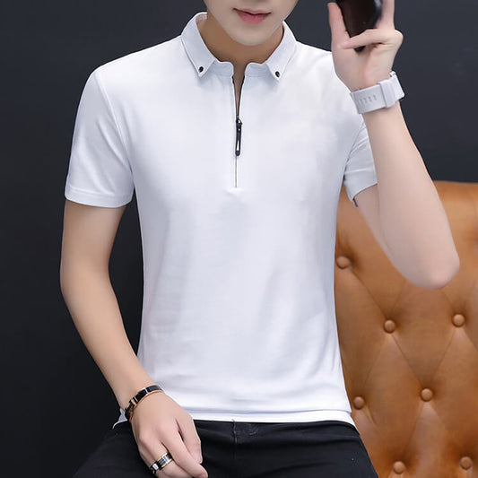 Wholesale M-4XL Men Casual Solid Color Zipper Lapel Loose Polo Shiirt