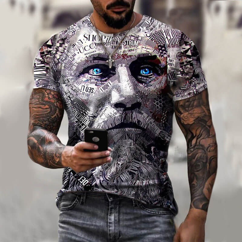 Wholesale S-5XL Men Creative Warrior Head Printed Round Neck T-shirt