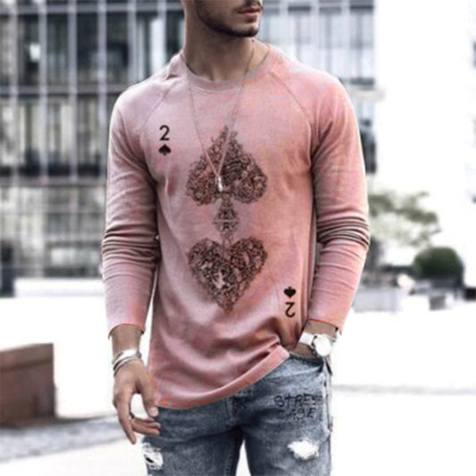 Wholesale S-3XL Men Creative Poker Printed Loose Long Sleeve T-shirt