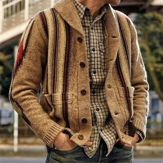 Wholesale S-4XL Men Fashion Stripe Jacquard Single-breasted Lapel Knit Coat