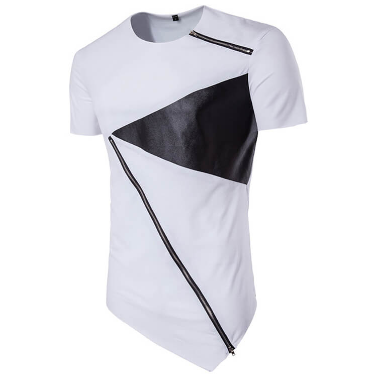 Wholesale S-2XL Men Casual Color Blocking Pathwork Zipper Irregular Hem T-shirt