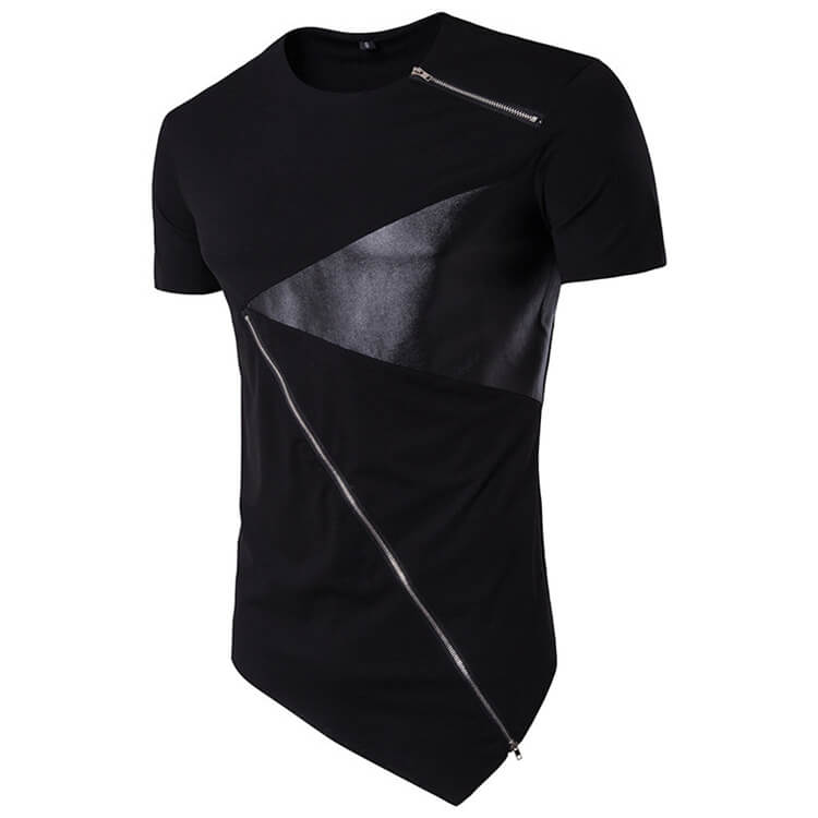 Wholesale S-2XL Men Casual Color Blocking Pathwork Zipper Irregular Hem T-shirt