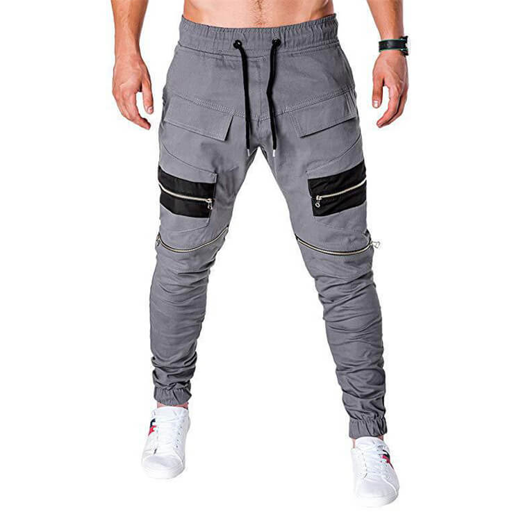 Wholesale M-3XL Men Casual Color Blocking Patchwork Zipper Multi Pocket Drawstring Waist Pants