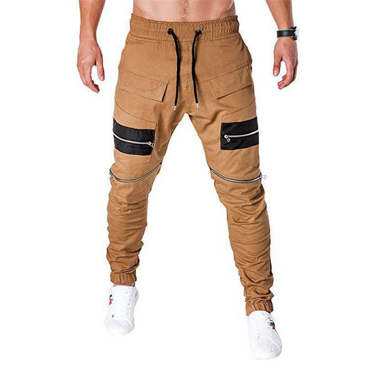 Wholesale M-3XL Men Casual Color Blocking Patchwork Zipper Multi Pocket Drawstring Waist Pants