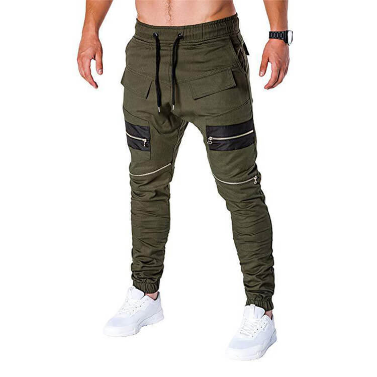 Wholesale M-3XL Men Casual Color Blocking Patchwork Zipper Multi Pocket Drawstring Waist Pants