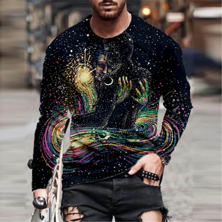 Wholesale S-6XL Men Fashion 3D Graphic Printing Loose Round Neck Long Sleeve T-shirt