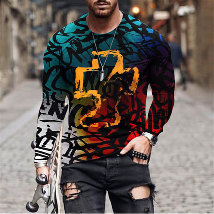 Wholesale S-6XL Men Fashion 3D Graphic Printing Loose Round Neck Long Sleeve T-shirt