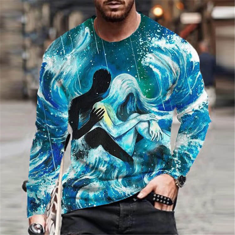 Wholesale S-6XL Men Fashion 3D Graphic Printing Loose Round Neck Long Sleeve T-shirt