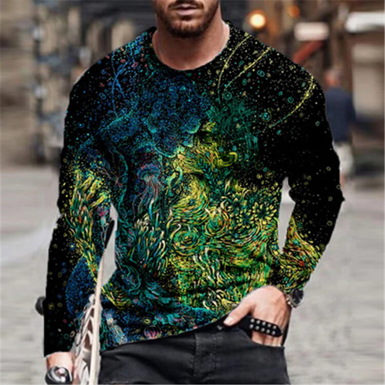 Wholesale S-6XL Men Fashion 3D Graphic Printing Loose Round Neck Long Sleeve T-shirt