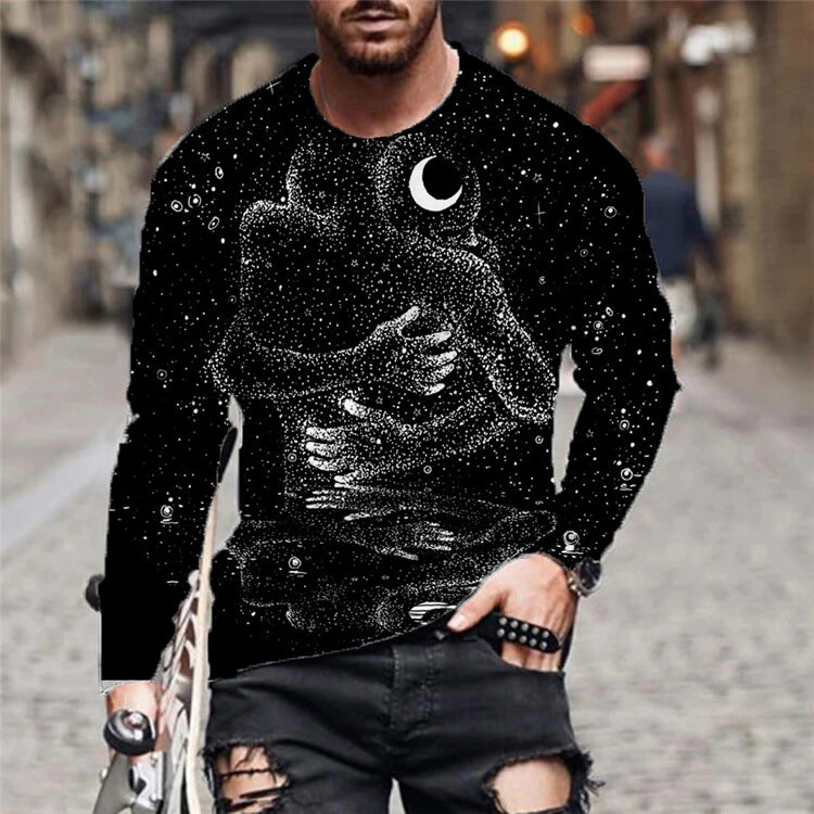 Wholesale S-6XL Men Fashion 3D Graphic Printing Loose Round Neck Long Sleeve T-shirt