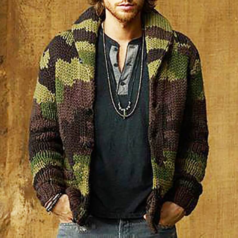 Wholesale Western Men Fashion Camouflage Knitted Long Sleeve Lapel Coat