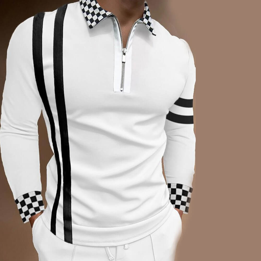 Wholesale S-3XL Men Casual Stripe Grid Printed Lapel Long Sleeve Polo Shirt