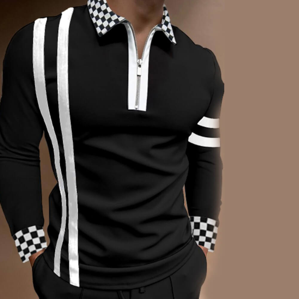 Wholesale S-3XL Men Casual Stripe Grid Printed Lapel Long Sleeve Polo Shirt