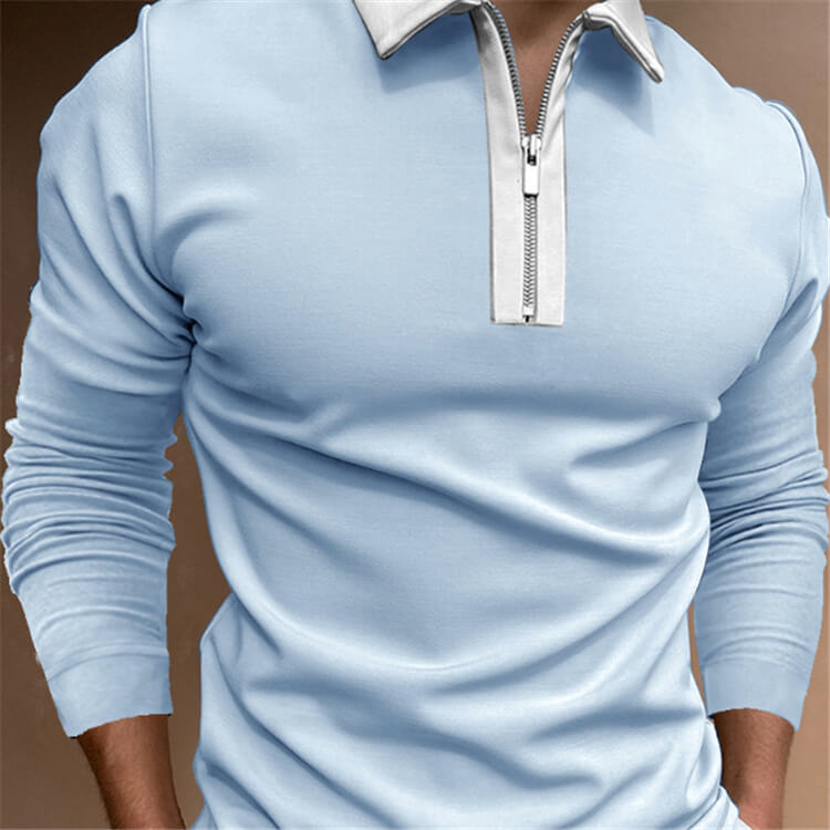 Wholesale S-3XL Men Fashion Color Blocking Zipper Lapel Long Sleeve Polo Shirt