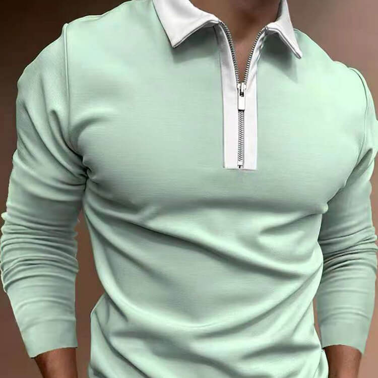 Wholesale S-3XL Men Fashion Color Blocking Zipper Lapel Long Sleeve Polo Shirt