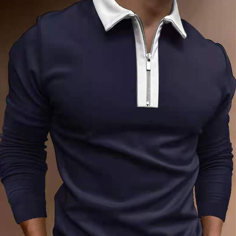 Wholesale S-3XL Men Fashion Color Blocking Zipper Lapel Long Sleeve Polo Shirt