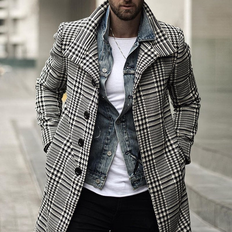 Wholesale S-3XL Men Fashion Plaid Lapel Single-breasted Topcoat