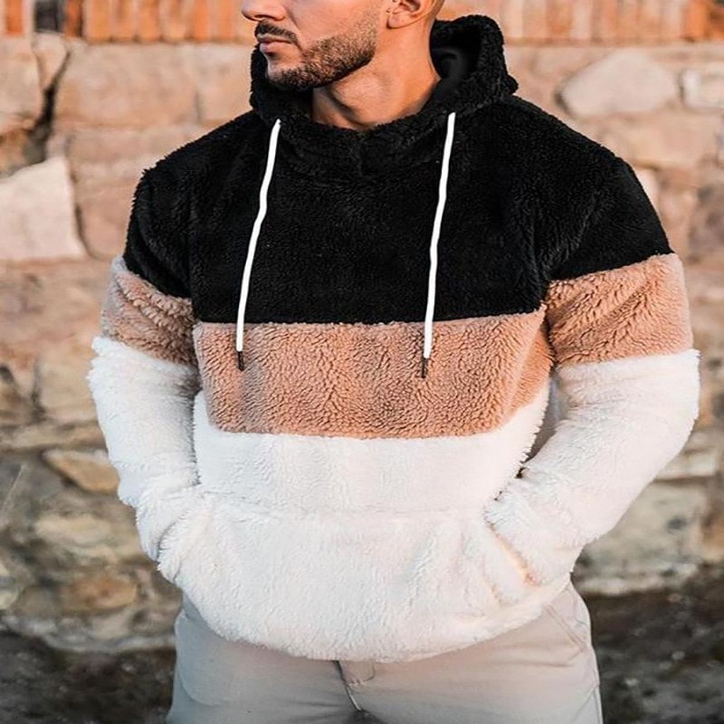 Wholesale S-3XL Men Fashion Color Blocking Plush Hoodie