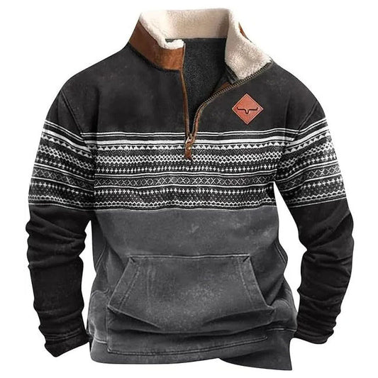 Wholesale Western Autumn Winter Men Fashion Geometric Print Half Zip Thickened Long Sleeve Sweatshirt