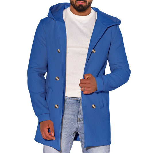 Men Autumn And Winter Hooded Double-Breasted Casual Trench Coat