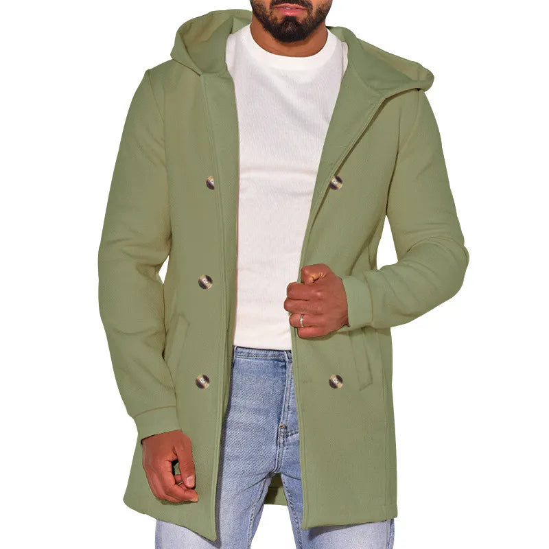 Men Autumn And Winter Hooded Double-Breasted Casual Trench Coat