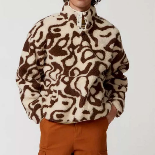 Men Autumn Winter Casual Leopard Stand Collar Plush Coat