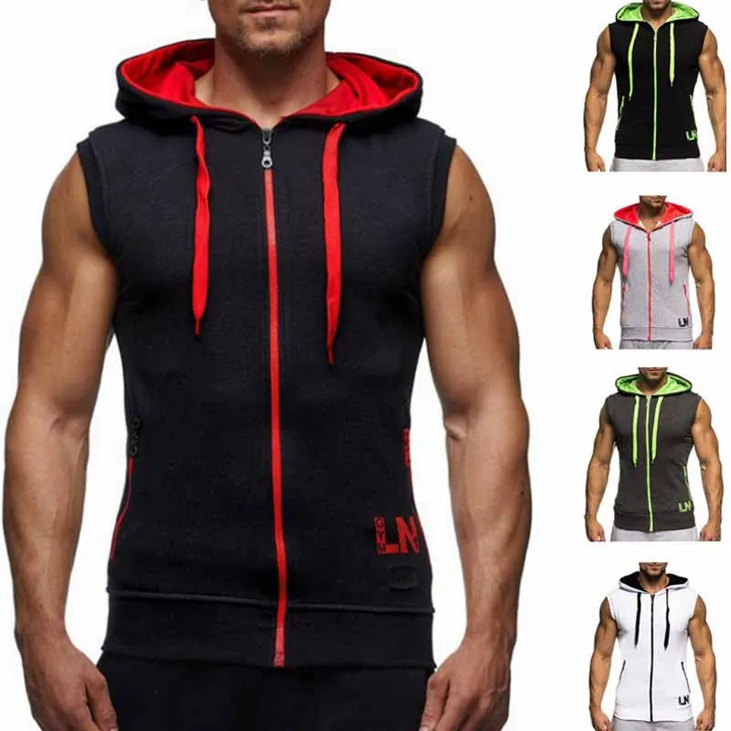 Men Fashion Casual Sport Color Matching Alphabet Sleeveless Hooded Vest