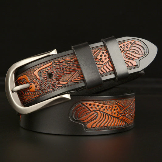 Wholesale Men Fashion Casual Business Colorblock Carving Leather Metal Buckle Belt