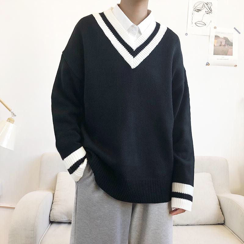 Wholesale Men Casual V-Neck Long-Sleeve Colorblock Loose Knitted Sweater