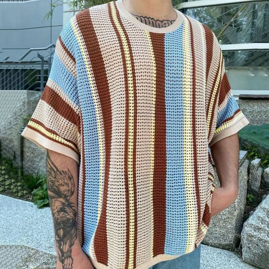 Men Fashion Casual Multicolor Stripe Knitted Short Sleeve Top