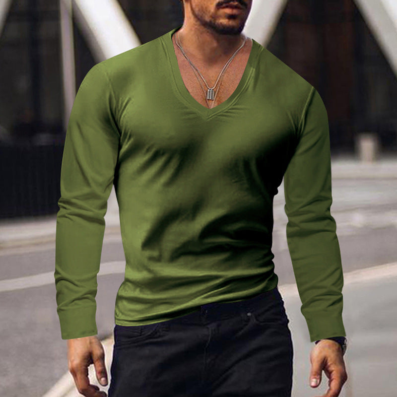 Wholesale Men Casual Simple Solid Color V Neck Long Sleeve Bottoming T-Shirt