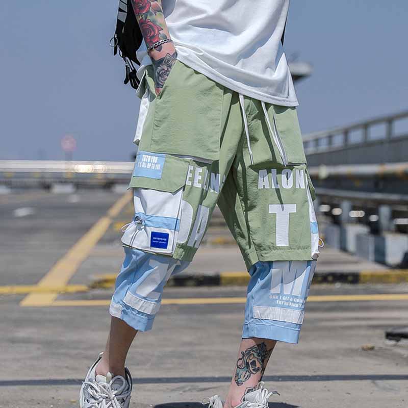 Wholesale Men Summer Fashion Casual Color Patchwork Letter Print Cargo Cropped Pants