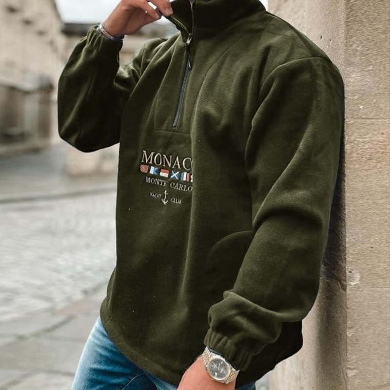 Wholesale Men Spring Autumn Fashion Casual Versatile Letter Embroidery Plush Long Sleeve Turtle Neck Half Zipper Sweatshirts