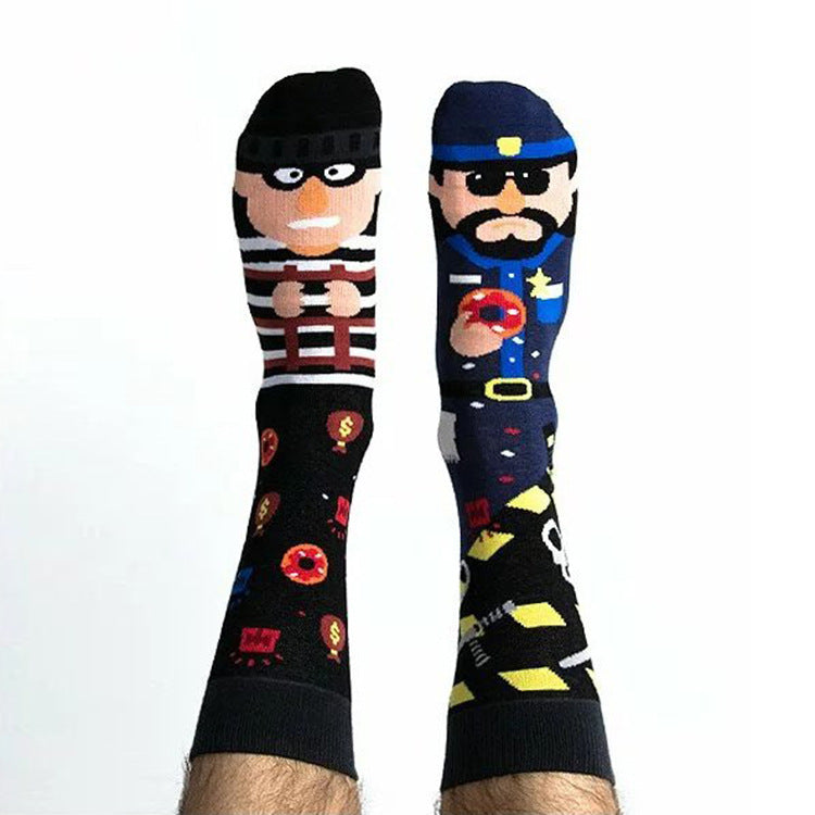 Wholesale Fashion AB Asymmetrical Jacquard Cartoon Sports Mid-Calf Cotton Socks