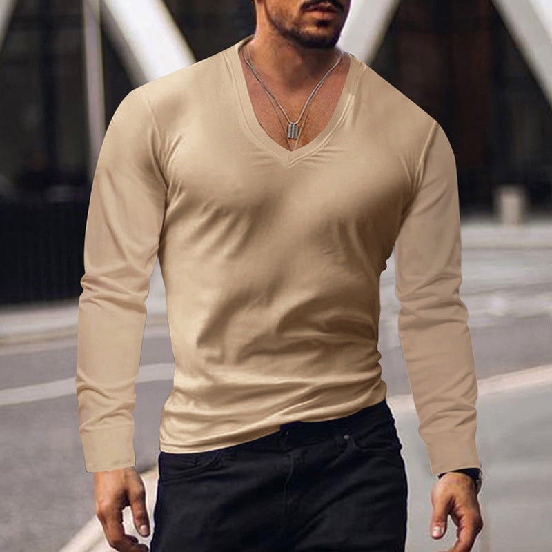 Wholesale Men Casual Simple Solid Color V Neck Long Sleeve Bottoming T-Shirt