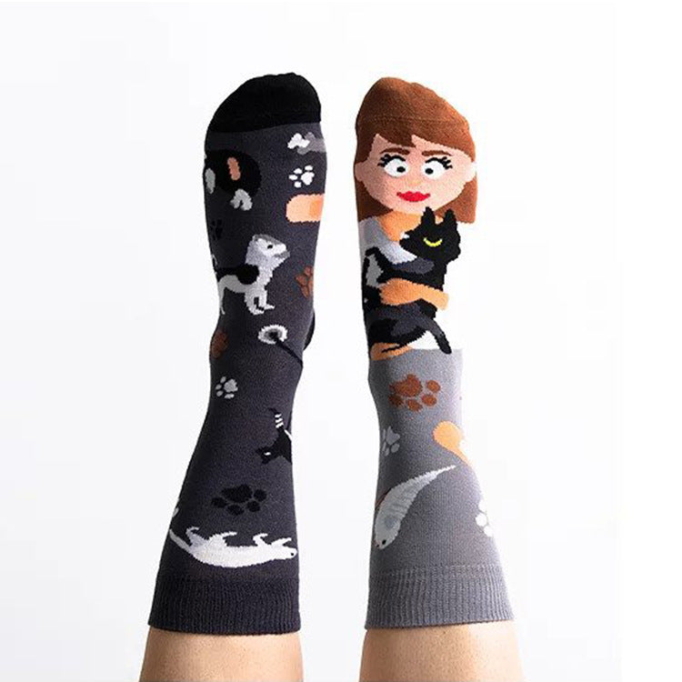 Wholesale Fashion AB Asymmetrical Jacquard Cartoon Sports Mid-Calf Cotton Socks