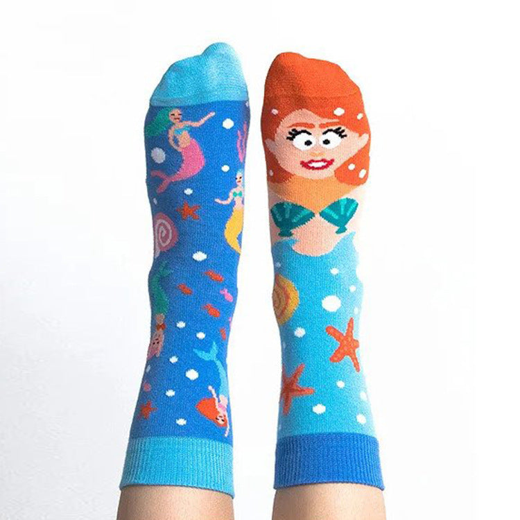 Wholesale Fashion AB Asymmetrical Jacquard Cartoon Sports Mid-Calf Cotton Socks