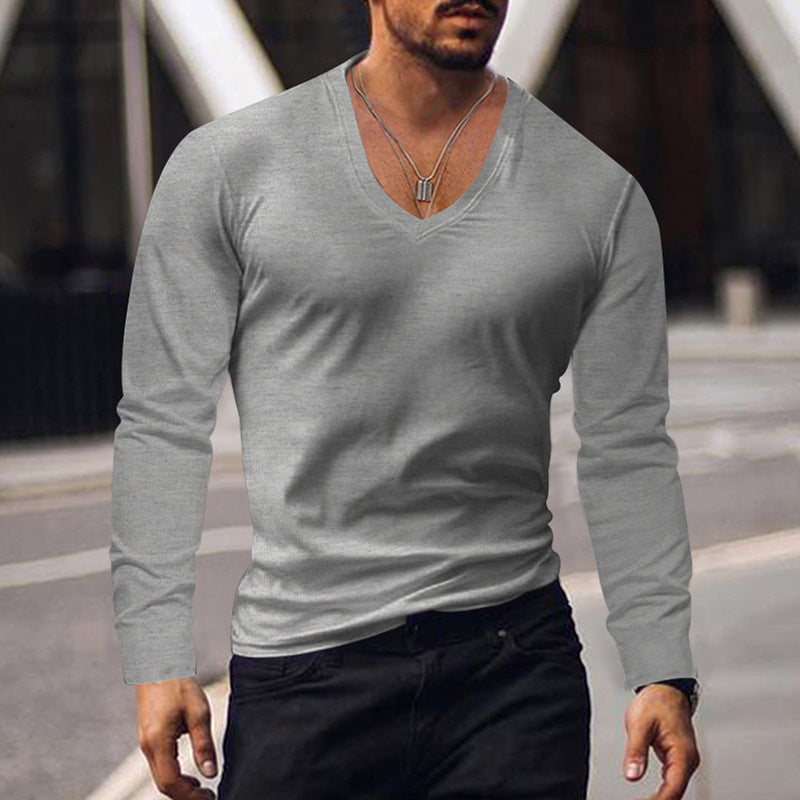 Wholesale Men Casual Simple Solid Color V Neck Long Sleeve Bottoming T-Shirt