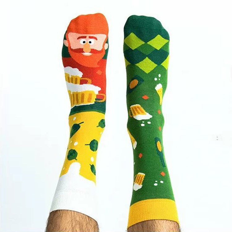 Wholesale Fashion AB Asymmetrical Jacquard Cartoon Sports Mid-Calf Cotton Socks