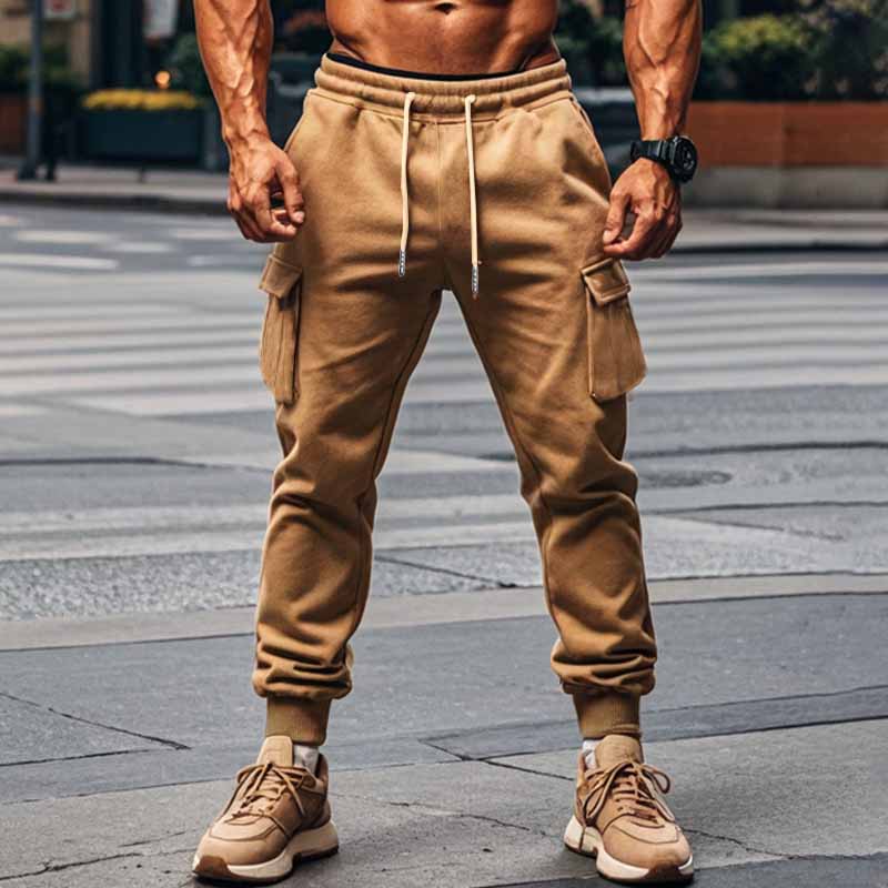 Wholesale Men Winter Fashion Casual Basic Solid Color Fleeces Drawstring Waist Cargo Pants