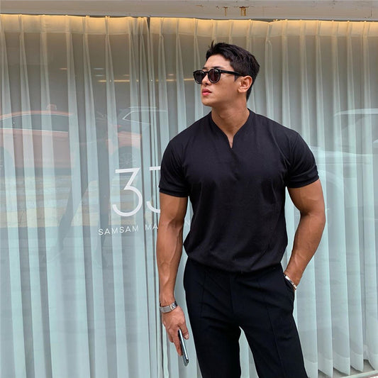 Wholesale Men V Neck Short Sleeve Slim Casual Solid Color T-Shirt