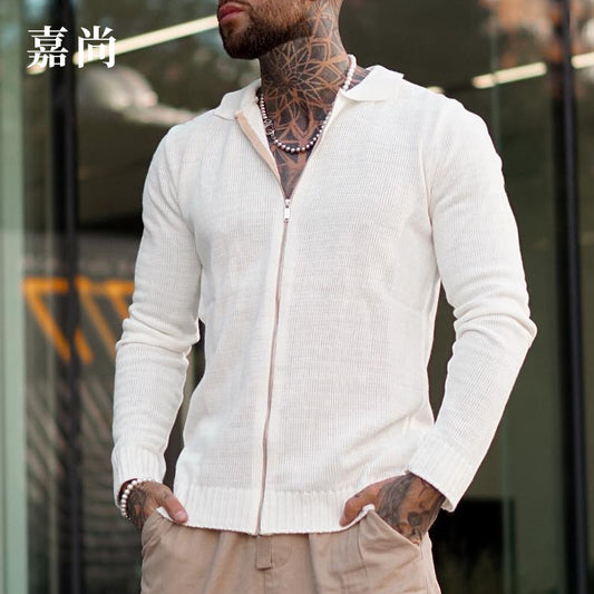 Wholesale Men Casual Solid Color Lapel Long Sleeve Zipper Knit Cardigan