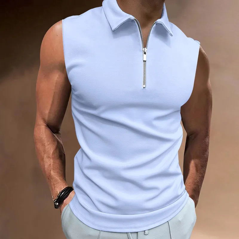 Men'S Casual Basic Lapel Zipper Sleeveless Polo Shirt