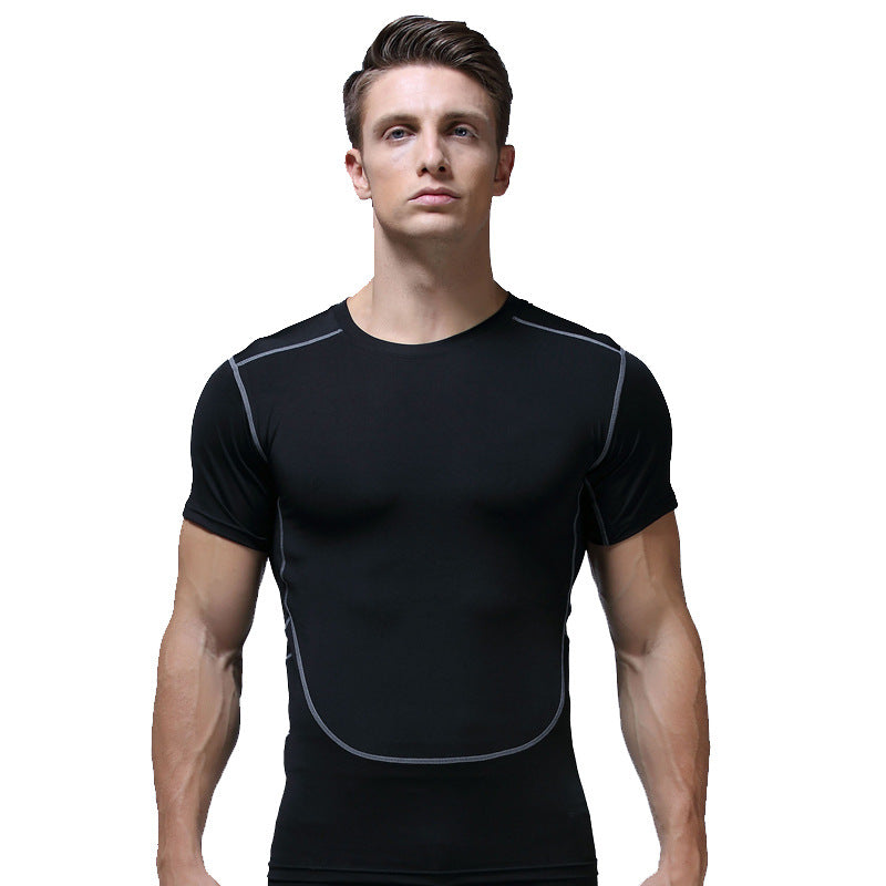 Wholesale Men Casual Basic Stripe Quick Drying Short Sleeve Round Neck Sports Tight T-Shirt