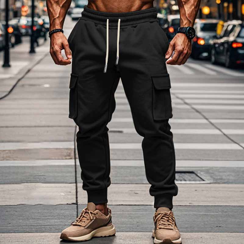 Wholesale Men Winter Fashion Casual Basic Solid Color Fleeces Drawstring Waist Cargo Pants