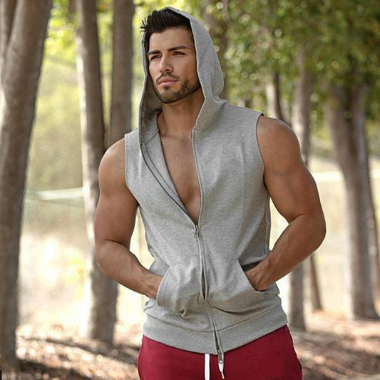 Wholesale Men Casual Tie Hooded Zipper Sleeveless Sports Hoodies