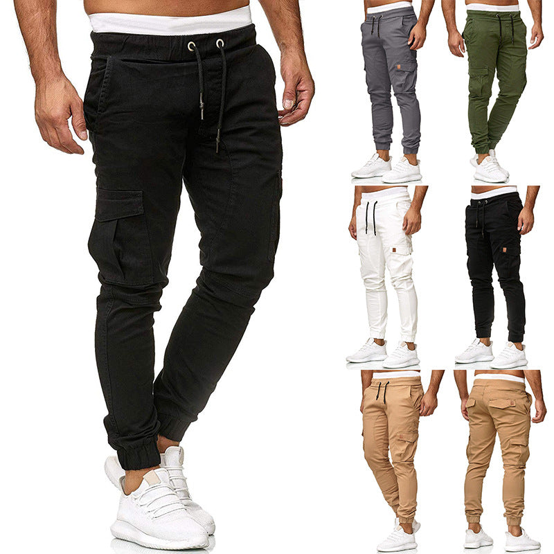 Wholesale Men'S Casual Solid Color Multi-Pocket Sports Running Trousers