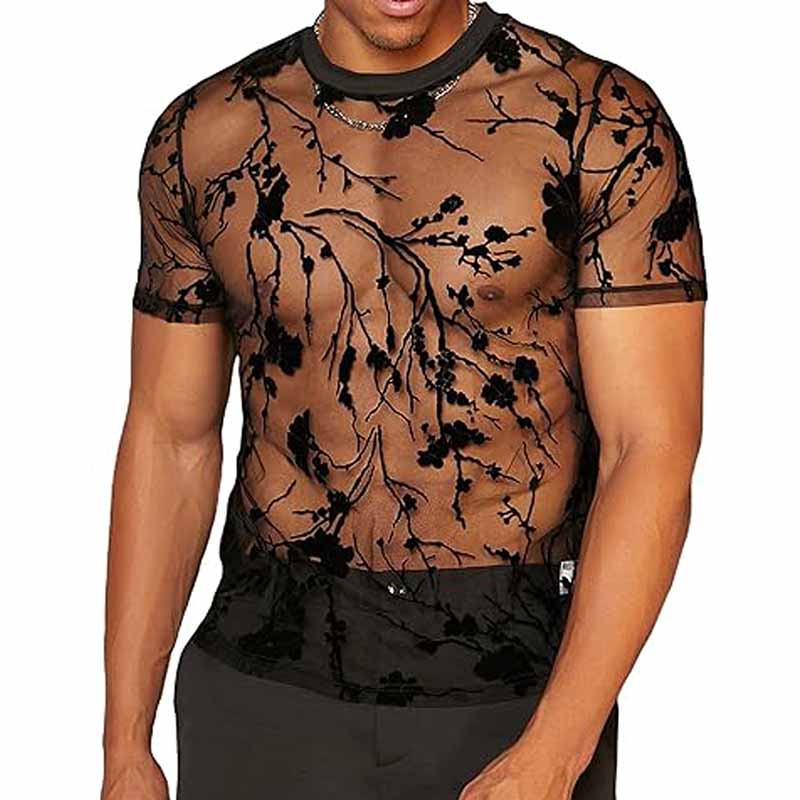 Wholesale Men Fashion Sexy Casual See-Through Tiny Flower Mesh Short Sleeve T-Shirt