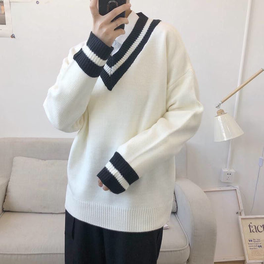 Wholesale Men Casual V-Neck Long-Sleeve Colorblock Loose Knitted Sweater